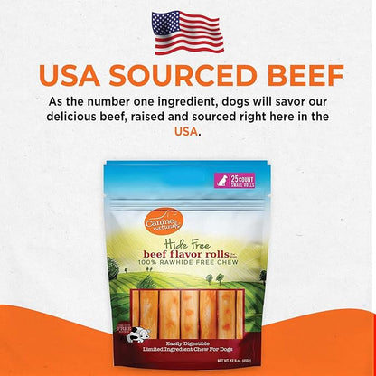 Canine Naturals Beef Chew - Rawhide Free Dog Treats - Made with Real Beef - Poultry Free Recipe - All-Natural and Easily Digestible - 5 Pack of 7 Inch Large Rolls for Dogs 50-75lb