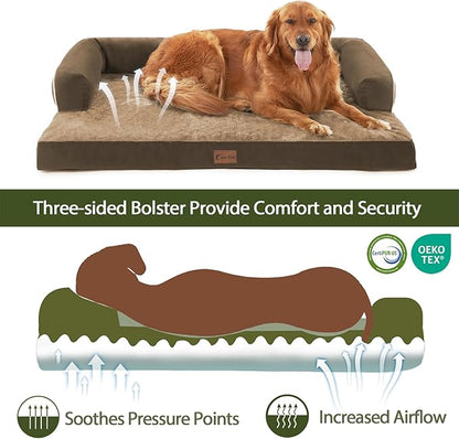 Orthopedic Dog Beds for Large Dogs, Waterproof Dog Beds, Egg-Crate Foam Dogs Couch Beds, Comfy Bolster Pet Bed with Removable Washable Cover, Nonskid Bottom (Large,Brown)