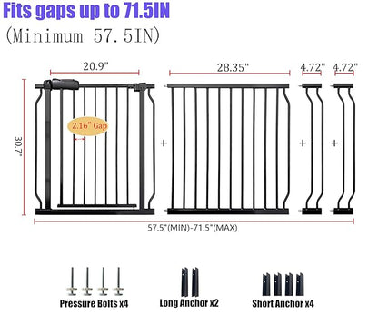 Wide Baby Gate 67-71.5 Inch Heavy Duty Steel Safety for Stairs, Pressure-Mounted Indoor Dog, No Drilling, Modern Home Design, Black