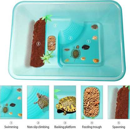 Fhiny Turtle Tank with Lid, Plastic Reptile Terrarium Turtle Breeding Box with Basking Platform Tortoise Aquarium for Crayfish Hermit Crabs Geckos Lizards Habitat Prevent Escaping (Medium)