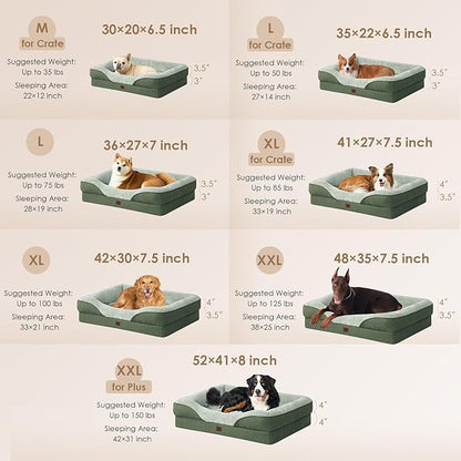EHEYCIGA Memory Foam XXL Dog Bed for XLarge Sized, Extra Large Orthopedic Dog Sofa with Sides and Waterproof Liner, Washable Bolster Pet Couch with Removable Cover, 52x41x8 Inch, Green