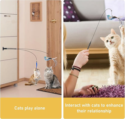 Cat Feather Toys, 14PCS With 2 Slots Super Suction Cup, Detachable 2PCS Wand & 11PCS Replacement Teaser Refills With Bell, Interactive Toy for Indoor Cats Kitten Play Exercise