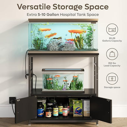 Bestier 20-29 Gallon Fish Tank Stand with Power Outlets, Metal Long Aquarium Stand with Storage Cabinet, 31x15 Reptile Terrarium Stand with Horizontal Gold Line, Stainless Hooks, 350 Lbs(Black)