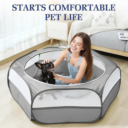 2-in-1 Small Animals Playpen with Pad, Waterproof Small Pet Cage Tent with Reusable Pad, Portable Outdoor Yard Fence with 3 Metal Rod for Chick/Kitten/Puppy/Guinea Pig/Rabbits/Chinchillas, Gray