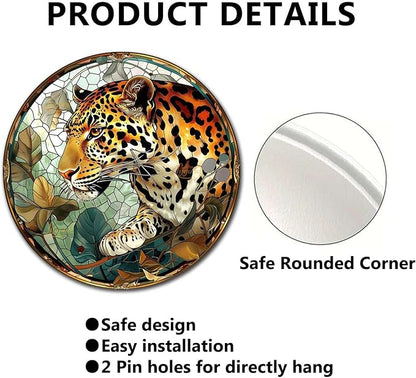 Lygond Metal Sign Tin Sign Circular Stained Glass Leopard Funny Sign for Restaurant 8×8 Inches