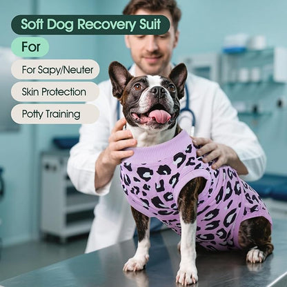 Kuoser Dog Recovery Suit for Dogs After Surgery,Professional Surgical Onesie for Female Male Dogs Spay Neuter,Soft Dog Surgery Suit Bodysuit for Abdominal Wounds Skin Disease,Purple Leopard XS