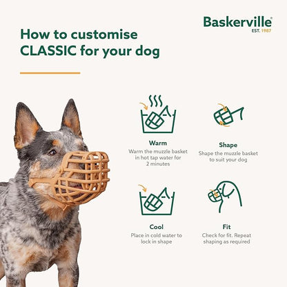 Baskerville Classic Basket Muzzle - Dog can Pant and Drink, Prevents Biting and Food Waste Scavenging, Strong TPR, Ideal for Longer Nosed Dogs, Breathable Dog Training Muzzle for Medium Dogs (Size 4)