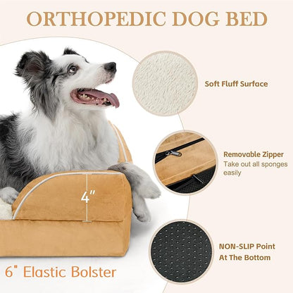 Comfort Expression Large Dog Beds Waterproof Orthopedic Foam Dog Sofa Beds Comfy Pet Bed with Washable Removable Cover & Non-Slip Bottom(Large,Khaki)