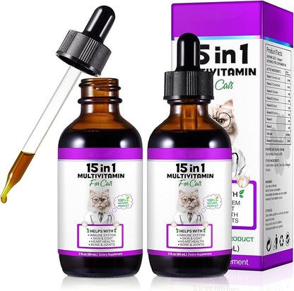 Cat Multivitamin,15 in 1 Cat Vitamins Liquid Drops Supplements for Heart Health, Bones, Joint, Skin & Coat, Bladder, Immune System Support 60ml-2pcs