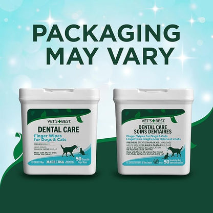Vet's Best Finger Dental Wipes for Dogs and Cats – Oral Care Wipes for Teeth Cleaning, Fresh Breath, and Tartar Control – Gentle Finger Pads for Pet Dental Hygiene and Plaque Removal – 50 Count