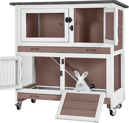 Rabbit Hutch Indoor Outdoor, Bunny Cage with Casters, Guinea Pig Cage Bunny Hutch with Two Plastic Trays 36inch-Brown