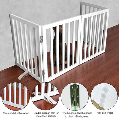 ZJSF Freestanding Indoor Dog Gate for House Foldable Wood White Puppy Gate for Doorways Pet Gate for Stairs Extra Wide Pet Fence 24" Height 4 Panels