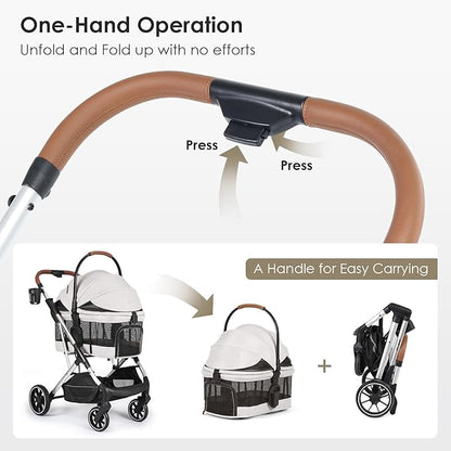 T6 Luxury Pet Stroller for Medium Dogs Up to 66lbs or 2 Small Pets – 3-in-1 Dog & Cat Stroller with Removable Carrier, Foldable & Lightweight (Beige & Net Wall)