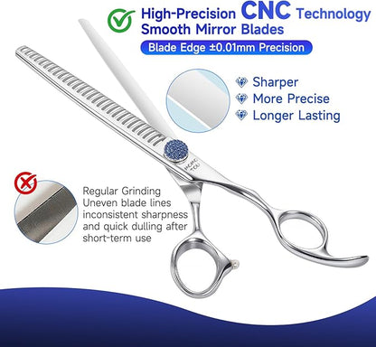 7'' Dog Grooming Scissors CNC 440C Blades Sharp and Durable Polished Chunker Dog Shears with Blue Diamond Adustable Screws Easy to Use for Groomer and Home User