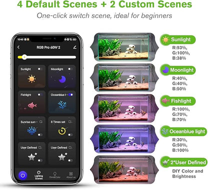 hygger 60W Smart Aquarium Light, Bluetooth LED Light with App Control, Full Spectrum Fish Tank Light with 24/7 Lighting Cycle, 5 Modes, Adjustable Timer, for 48"-55" Freshwater Planted Tank