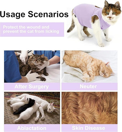 Cat Recovery Suit, Surgical Recovery Clothes for Abdominal Wound or Skin Disease, Cats Onesie After Surgery and Spay, E-Collar Alternative Pajama Suit (Purple, Small)