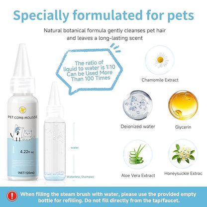 Pet Steam Brush for Dog & Cat - 3-in-1 Steam Grooming Brush for Shedding - Self Cleaning Spray Comb with Mist for Long Haired Pets - Includes Waterless Shampoo & undercoat rake, Blue