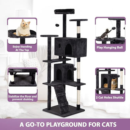 70" Dark Gray XL Cat Tower for Indoor Cats – Multi-Level Condo with Scratching Posts & Hanging Toys