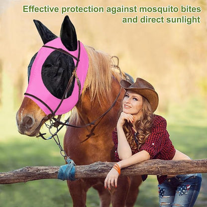 Horse Fly Mask with Ears, Comfortable Fit Stretch Fabric with UV Protection Soft on Skin Breathability for Small/Medium Size Horses (Pink)