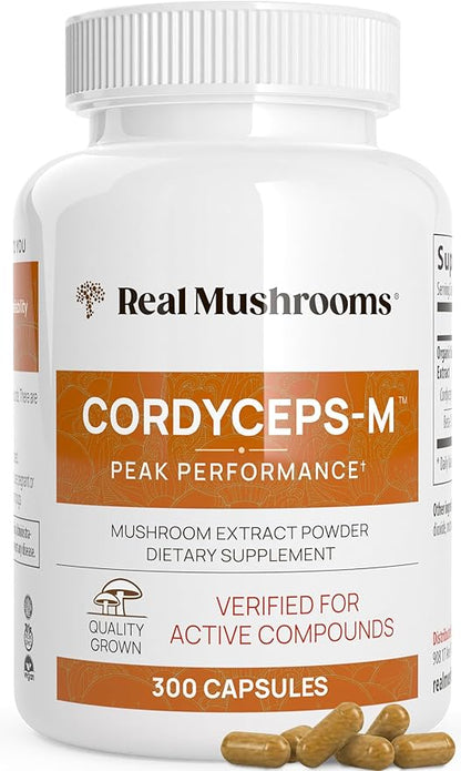 Real Mushrooms Capsules Supplements - Organic Cordyceps Mushroom Powder in Capsules - Energy and Performance Mushrooms with Verified Beta Glucans - Vegan, Non-GMO, 300 Capsules