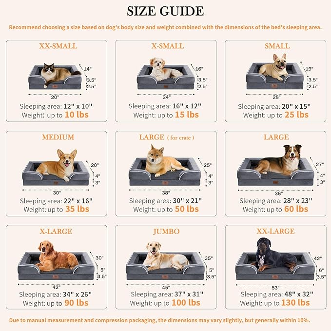 Comfort Expression Waterproof Large Dog Beds Orthopedic Foam Dog Beds Sofa Comfy Pet Bed with Washable Removable Cover & Non-Slip Bottom(Large,Dark Grey)