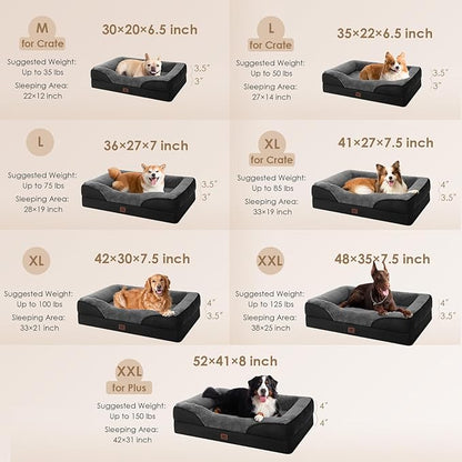 EHEYCIGA Memory Foam Dog Bed for Large Sized, Orthopedic Dog Sofa with Sides and Waterproof Liner, Washable Bolster Pet Couch with Removable Cover, 41x27x7.5 Inch, Grey/Black