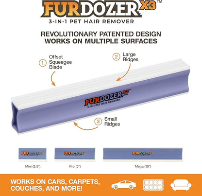 FurDozer X3 MEGA Pet Hair Remover & Auto Detailing Tool - Cat & Dog Hair Remover for Carpet, Car Interior, Couch, Bedding, & Furniture - Reusable Pet Hair Removal Tool for Dog Fur & Lint, 10", Purple