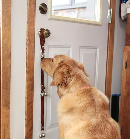Leather Dog Doorbells for Door Knob/Potty Training/Go Outside, Length Adjustment Copper Dog Bell, Housetraining Hanging Bell, White Leather Silver Bells