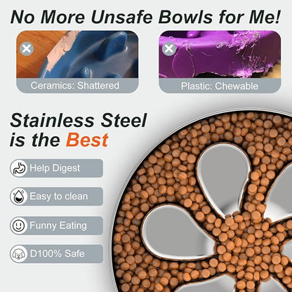 Slow Feeder Dog Bowls Large Breed 3Cups, Food Grade 304 Stainless Steel Dog Bowls with Non-Slip Base, Maze Pet Dish to Slow Down Eating, Metal Slow Feeder Dog Bowl