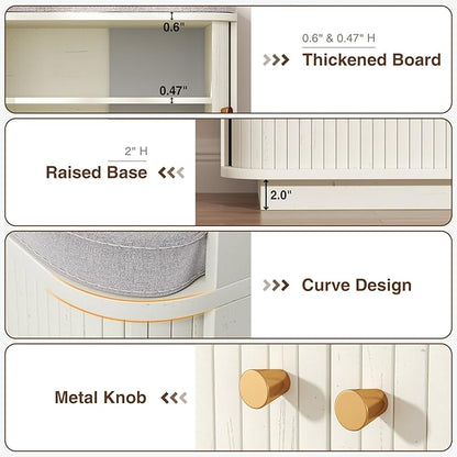 Cream White 39.4" W 2-Tier Shoe Bench with Storage | Entryway Bench with Padded Cushion, Sliding Doors & 5 Hooks