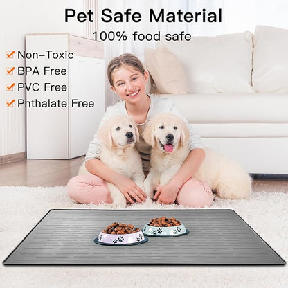 48" x 32" Largest Pet Food Mat, XXXL Silicone Dog Mats for Food and Water, Nonslip Pet Feeding Mats for Floors,Dog Cat Bowl Mat with Raised Edges, Lake Blue