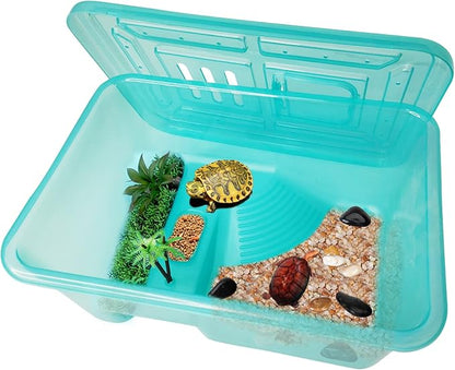 Fhiny Turtle Tank with Lid, Plastic Reptile Terrarium Turtle Breeding Box with Basking Platform Tortoise Aquarium for Crayfish Hermit Crabs Geckos Lizards Habitat Prevent Escaping (Small)