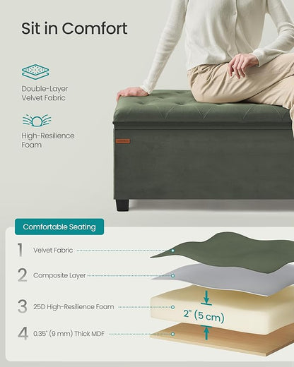 SONGMICS Velvet Storage Ottoman Bench, Foot Rest with Legs, 15.7 x 43 x 15.7 Inches, End of Bed Bench, Storage Chest, Load up to 660 lb, for Living Room, Bedroom, Entryway, Forest Green ULSF089C01