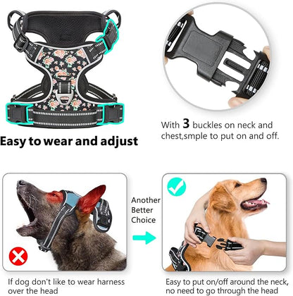 Timos Dog Harness, No-Pull Pet Harness with 2 Leash Clips, 3 Snap Buckles Adjustable Soft Padded Dog Vest, Reflective No-Choke Pet Oxford Vest with Easy Control Handle for Small Medium Large Dogs