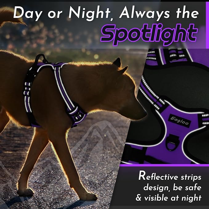 Eagloo Dog Harness Small Sized Dog, No Pull Service Vest with Reflective Strips and Control Handle, Adjustable and Comfortable for Walking, No Choke Pet Harness with 2 Metal Rings, Purple, S