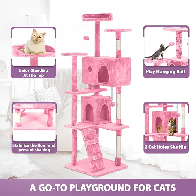 70" Pink XL Cat Tower for Indoor Cats – Multi-Level Condo with Scratching Posts & Hanging Toys