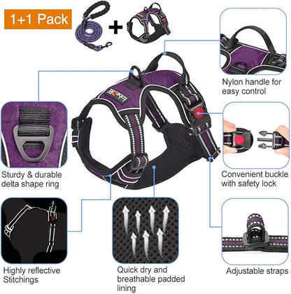No Pull Dog Harness Adjustable Reflective Oxford Easy Control Medium Large Dog Harness with A Free Heavy Duty 5ft Dog Leash (S (Chest: 17.5"-21"), Purple Harness+Leash)