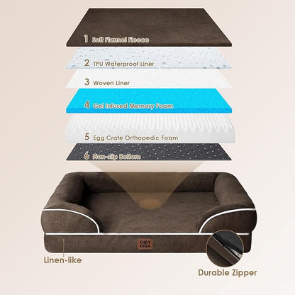 EHEYCIGA Orthopedic Dog Beds for Large Dogs, Waterproof Memory Foam Large Dog Bed with Sides, Non-Slip Bottom and Egg-Crate Foam Pet Couch Bed with Washable Removable Cover, Brown