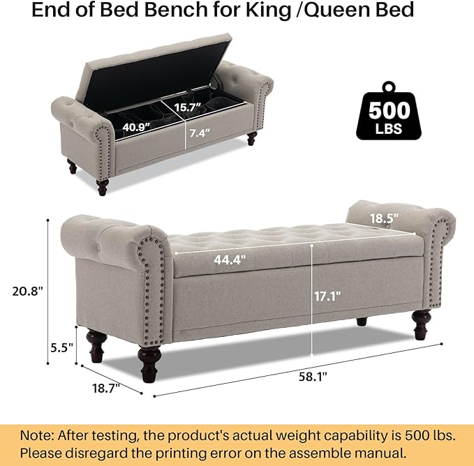 58.1'' Storage Bench Upholstered Linen End of Bedroom Bed Bench Ottoman with Tufted Cushioned Rolled Arm Large Storage Space for Reading Living Room Entryway, Light Brown