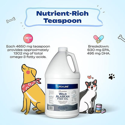 Life Line Pet Nutrition Wild Alaskan Fish Oil for Dogs and Cats 128oz – Omega 3 Fish Oil Supplement for Skin & Coat, Brain, Eye & Heart Health