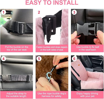 Dog Car Seat for Small Medium Dogs Up to 40lbs, Detachable Washable Soft Pet Booster Travel Bed for Front & Pink Seat with Safety Leash Belt
