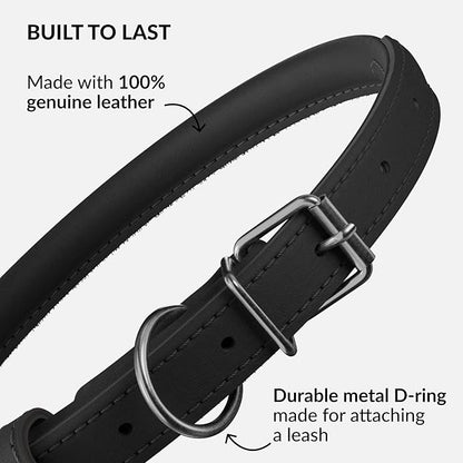 CollarDirect Rolled Leather Dog Collar, Soft Padded Round Puppy Collar, Handmade Genuine Leather Collar Dog Small Large Cat Collars 13 Colors (8-11 Inch, Black Smooth)