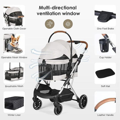 T6 Luxury Pet Stroller for Medium Dogs Up to 66lbs or 2 Small Pets – 3-in-1 Dog & Cat Stroller with Removable Carrier, Foldable & Lightweight (Beige & Net Wall)