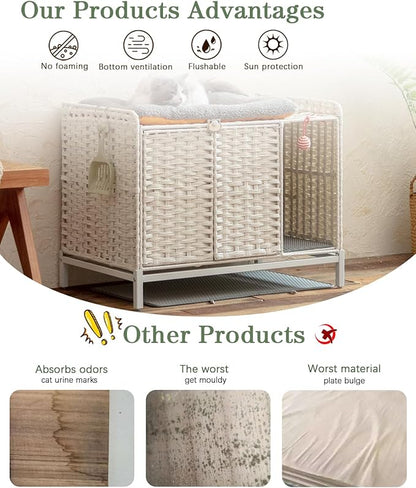 Cat Litter Box Enclosure Furniture with Divider, Handwoven Rattan Litter Box with Mat, 31.2 x 19.6 x 24.2 Inches, Metal Heightened Feet, Hidden Cat House for Living Room, Bedroom (White)