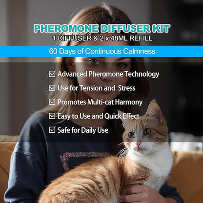 Cat Calming Diffuser, Cat Pheromones Calming Diffuser, Effectively Relieve Anxiety Stress Cat Diffuser Calming Multicat with 1 Diffuser + 2 Refill 48ml Last 60 Days Fits All Cats