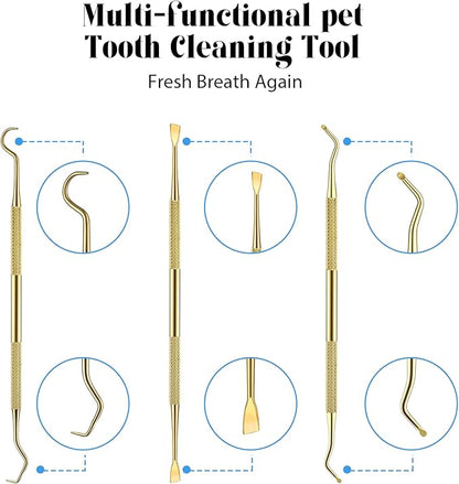 Hotop 3 Pieces Dog Dental Tooth Scaler and Scraper Stainless Double Headed Tarter Removing Tool Scraper Pet Teeth Cleaning Tools for Dog and Cat(Gold)