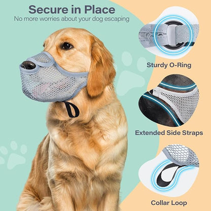 LUCKYPAW Dog Muzzle for Large Medium Small Dogs, Patented Mesh Muzzle to Prevent Biting Chewing Eating, Soft Mouth Guard with Front Opening Design for Drinking Panting(Grey, XL)