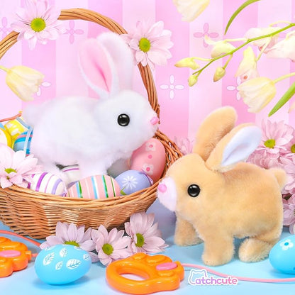 Plush Bunny Easter Toys for Kids,Interactive Bunny with Sounds,Can Walk,Wag Tail and Twitch Nose with Remote Control Leash,Easter Eggs with Pull Back Cars,Easter Birthday Gift for Toddlers