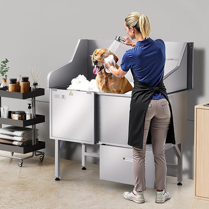 VEVOR Professional 304 Stainless Steel Dog Bathing Station, 50 inch Pet Grooming Tub w/Anti-Slip ramp, Storage Drawer, Cold Hot Faucet Showerhead, for Large & Medium & Small (Left Door, with Drawer)