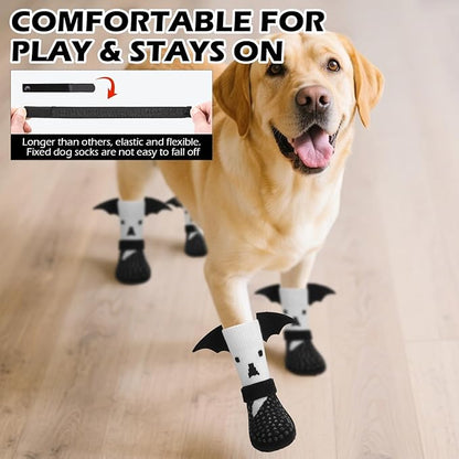 EXPAWLORER Halloween Anti Slip Dog Socks to Prevent Licking Paws, Boots & Paw Protectors with Grippers,Doggie Booties for Hardwood Floors for Small Medium Large Senior Dogs Costume White Ghost Wings S